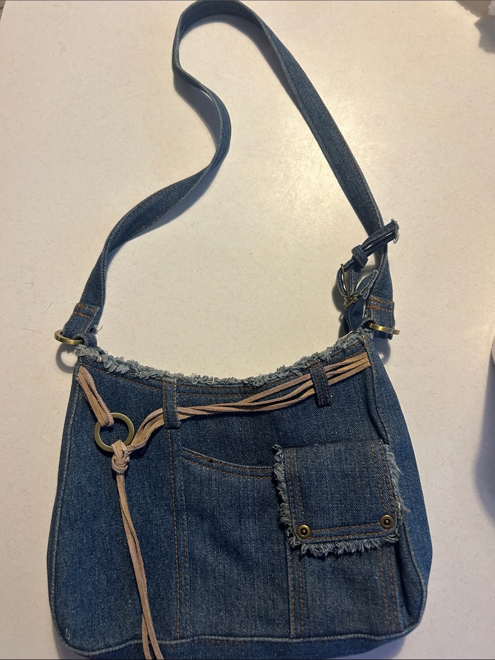 Xhilaration Denim Crossbody Bag - Blue with Tan Accent